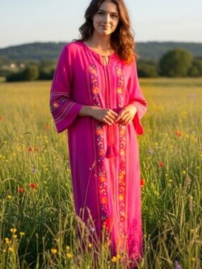 New Pink Embroidered Kaftan Boho Bohemian Dress XL